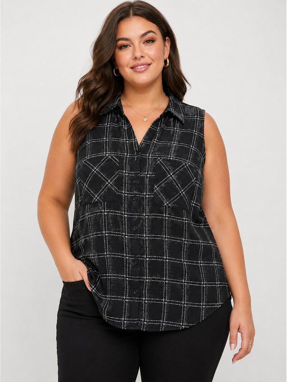 Torrid Black White Plaid Sleeveless Button Front Blouse Plus Size 2